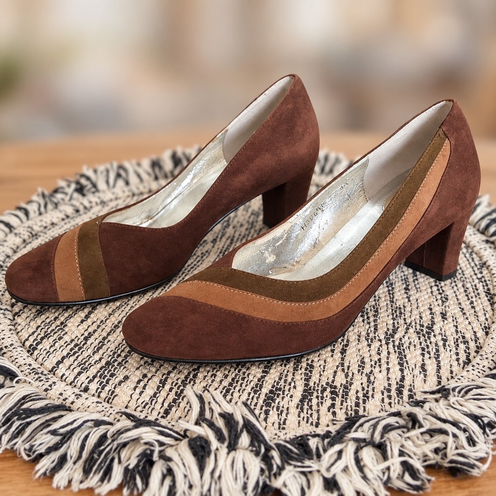 Vintage 90s Ros Hommerson Brown Suede Colorblock Pumps 7.5 AA Narrow Square Toe